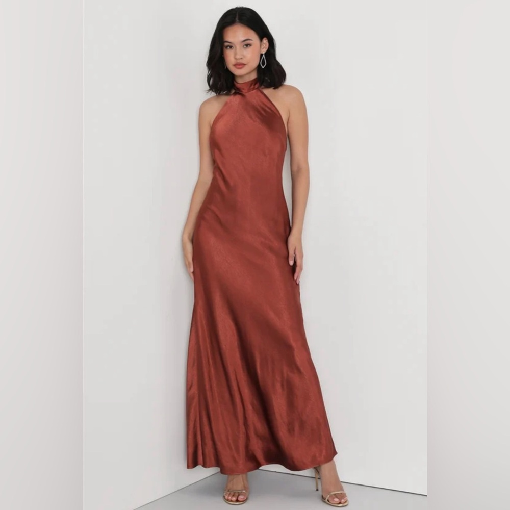 NWT. Rust Brown Satin Halter Maxi Dress